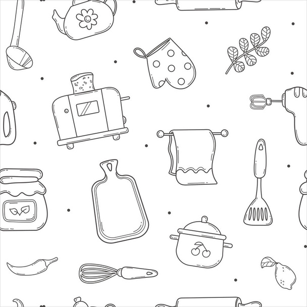 Seamless Doodle Pattern with Kitchen Tools and Cooking Equipment in Sketch style.Hand Drawn Line Cuisine Accessories.Isolated on white background. - Vektori, kuva