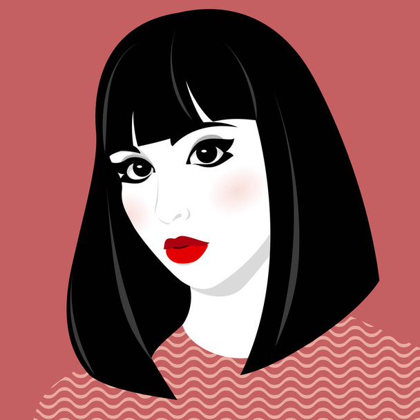 Vector illustration of beautiful young woman blushing with black hair wearing dress with wavy pattern - Διάνυσμα, εικόνα