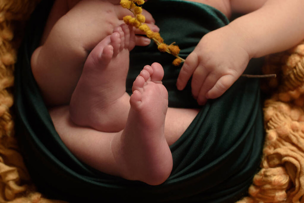 Yeni doğmuş bebek ayakları pembe bir battaniyeye karşı. - Fotoğraf, Görsel