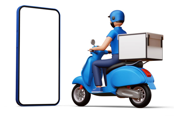 Entrega hombre montando una motocicleta con caja de entrega y teléfono grande, 3d rendering. - Foto, imagen