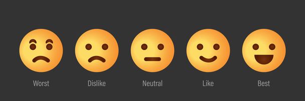 Servizio in scala di feedback con icone delle emozioni. Tasso di esperienza utente con scala di feedback. Emoji giallo per il feedback dei clienti. Peggior, antipatica, neutrale, tipo, le migliori icone delle emozioni. Illustrazione vettoriale - Vettoriali, immagini