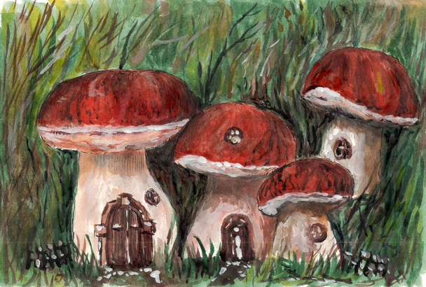 иллюстрация - сказочные грибы-хижины - Фото, изображение