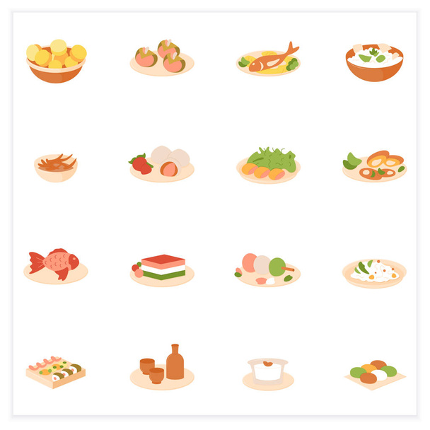 Japanse voedsel platte pictogrammen - Vector, afbeelding