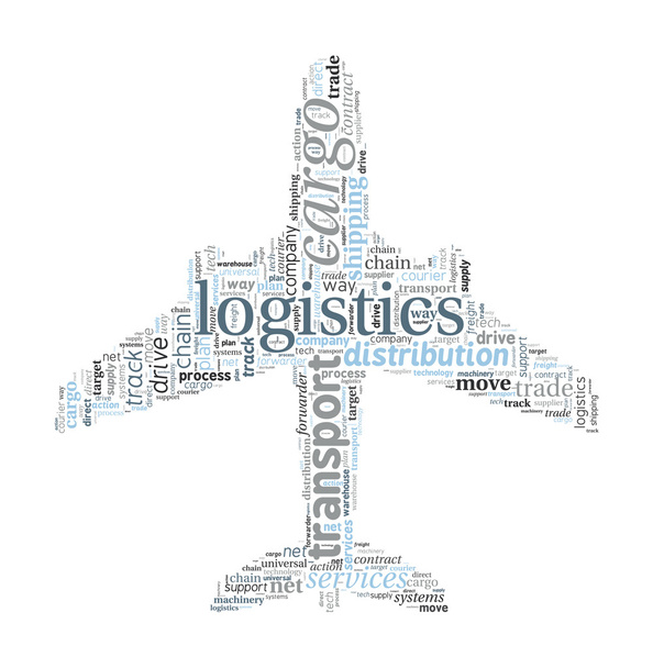Conceito de transporte e logística em forma de avião na nuvem do Word
 - Vetor, Imagem