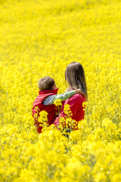 Madre e hijo paseando por los campos de colza - Foto, Imagen