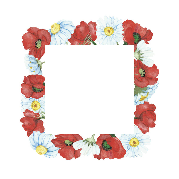 Watercolor hand painted nature floral squared border frame with red poppy and white chamomile composition on the white background for invite and greeting card with space for text - Foto, immagini