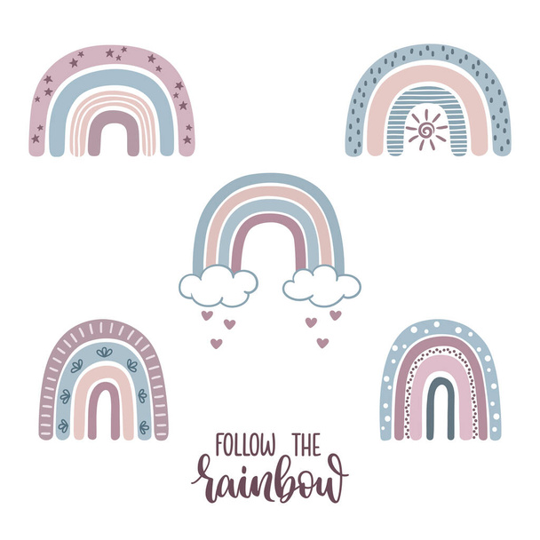 Set of cute rainbows with ornaments, sun, stars and clouds in naive doodle style. Follow the rainbow hand lettering - Вектор,изображение
