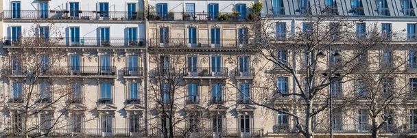 Parijs, typische gevel en ramen, mooi gebouw, met oude zink daken - Foto, afbeelding
