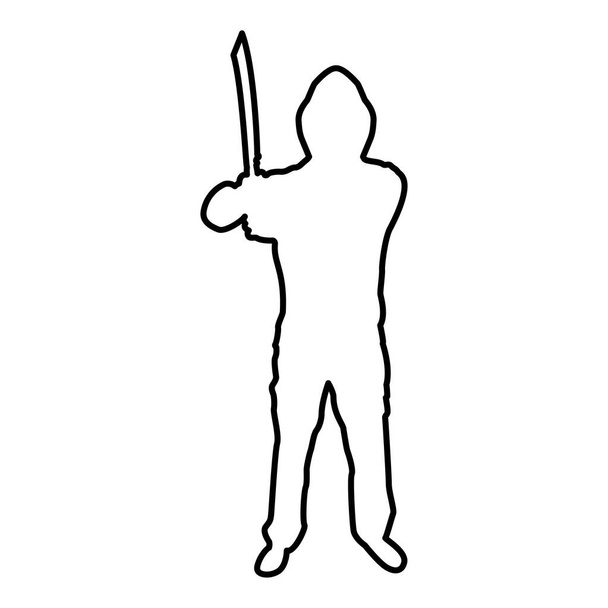 Man with sword machete Cold weapons in hand military man Soldier Serviceman in positions Hunter with knife Fight poses Strong defender Warrior concept Weaponry Stand contour outline black color vector illustration flat style simple image - Vector, Image