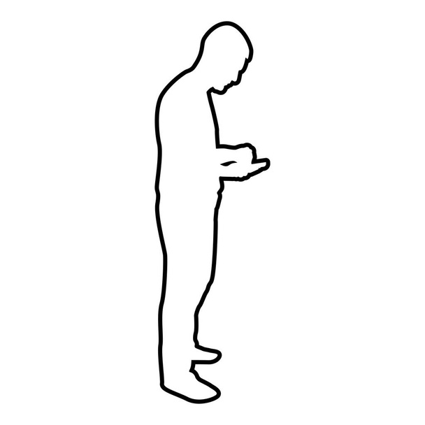 Muž držící smartphone Přehrávání tablet Muž pomocí komunikačního nástroje Myšlenka hledá závislost na telefonu Koncept závislost z moderních technologií obrys obrys černá barva vektorová ilustrace plochý styl jednoduchý obrázek - Vektor, obrázek