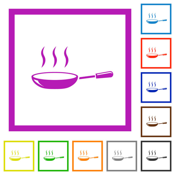 Γυαλιστερό στον ατμό τηγάνι επίπεδη χρώμα εικονίδια σε τετράγωνα πλαίσια σε λευκό φόντο - Διάνυσμα, εικόνα