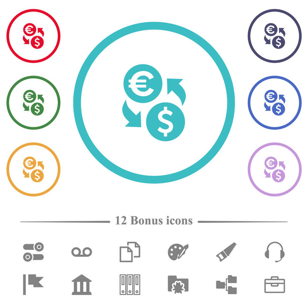 Dollaro Euro money exchange icone a colori piatte a forma di cerchio contorni. 12 icone bonus incluse. - Vettoriali, immagini