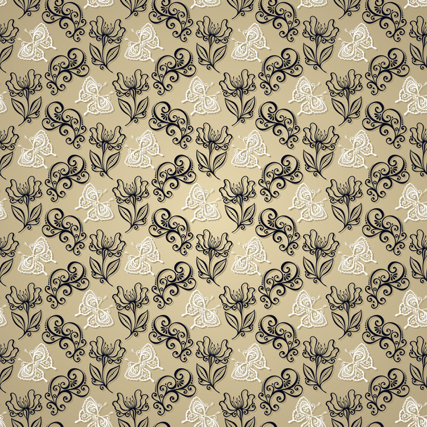 Seamless Ornate Floral Pattern with Butterfly - Wektor, obraz