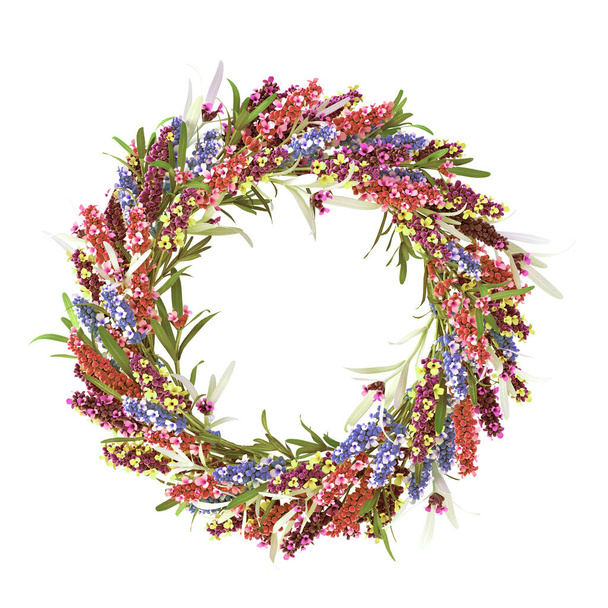 3d εικόνα. Στρογγυλό πλαίσιο σε σχήμα στεφανιού από τρισδιάστατα χρώματα. Πολύχρωμο, ένα στεφάνι από λουλούδια και φύλλα που απομονώνονται σε λευκό φόντο.Σχεδιασμός προσκλήσεων. Αποτύπωση - Φωτογραφία, εικόνα