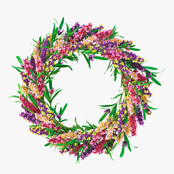 3D illusztráció. Kerek keret koszorú formájában, háromdimenziós színekben. Színes, a koszorú a virágok és levelek elszigetelt fehér hátteren.Design meghívók. Kiolvasztás - Fotó, kép