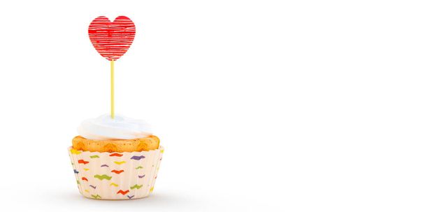 Een mooi cadeau. Feestelijke taarten versierd met een hart geïsoleerd op witte achtergrond. 3 d illustratie.Cake koekje met room. Sjabloon voor het menu, briefkaart, flyer, banner. Romantisch ontbijt.Render - Foto, afbeelding