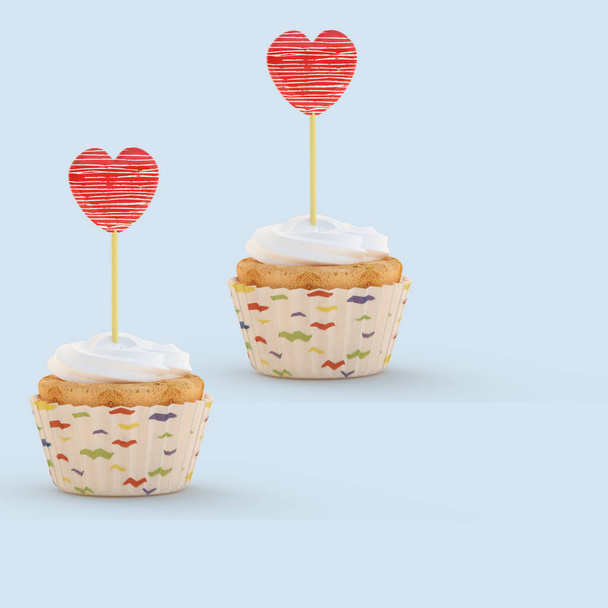 Sweet gift. Festive cakes decorated with a heart isolated on white background. 3 d illustration.Cake biscuit with cream. Template for the menu, postcard, flyer, banner. Romantic breakfast.Render - Photo, image