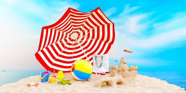 İllüstrasyon 3D, yaz plajı. Deniz kıyısı, şemsiye, şezlong, şişme top, şapka, çanta ve diğer şeyler kumda dinlenmek için. Yaz tatili için arka plan çizimi - Fotoğraf, Görsel