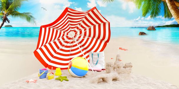 Εικόνα 3 δ. Καλοκαιρινή παραλία. Ακτή της θάλασσας, ομπρέλα, σεζλόνγκ, φουσκωτή μπάλα, καπέλο, τσάντα με πράγματα και άλλα αντικείμενα για ξεκούραση στην άμμο. Καλοκαίρι εικονογράφηση φόντο για διακοπές στην παραλία - Φωτογραφία, εικόνα