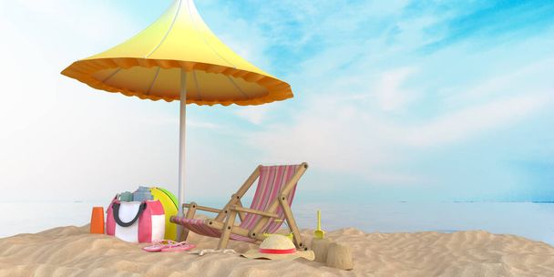 Illustration 3 d. Summer beach. Coast of the sea, umbrella, chaise longue, inflatable ball, hat, bag with things and other items for rest on the sand. Summer background illustration for beach holiday - Photo, Image
