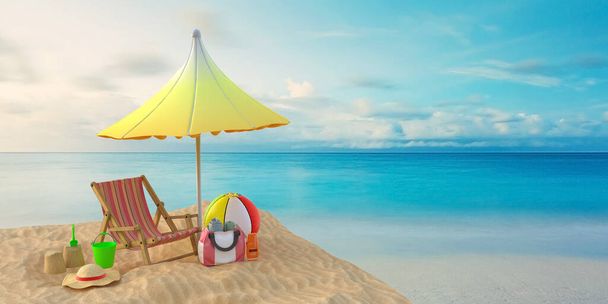Afbeelding 3 d. Zomerstrand. Kust van de zee, paraplu, chaise longue, opblaasbare bal, hoed, tas met spullen en andere items voor rust op het zand. Zomer achtergrond illustratie voor strand vakantie - Foto, afbeelding