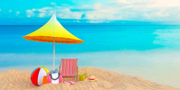 Illustration 3 d. Plage d'été. Côte de la mer, parasol, chaise longue, ballon gonflable, chapeau, sac avec des choses et d'autres articles pour se reposer sur le sable. Illustration de fond d'été pour vacances à la plage - Photo, image