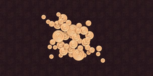 Illustration 3 d. Abstract composition. Volumetric embossed shiny, gold circles of different size isolated on a black embossed background with gilding. Oriental stil. Render. Festive background - Photo, Image