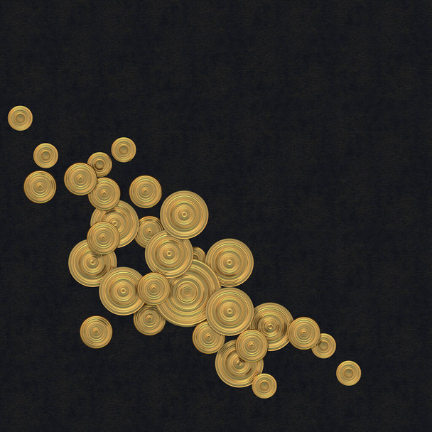 イラスト3.抽象的な構成。ブラックエンボス加工の背景に金メッキを施した異なるサイズのボリューム感のある光沢のあるゴールドサークル。東洋のままだ。レンダリング。祭りの背景 - 写真・画像