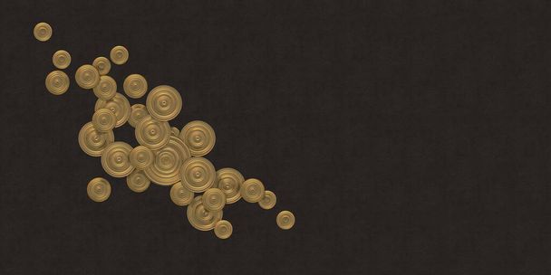 イラスト3.抽象的な構成。ブラックエンボス加工の背景に金メッキを施した異なるサイズのボリューム感のある光沢のあるゴールドサークル。東洋のままだ。レンダリング。祭りの背景 - 写真・画像