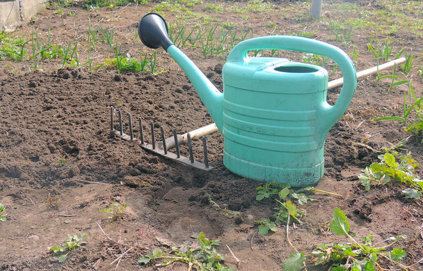 Bahçede çalışmak için eski, eski bahçe aletleri. Su kovası, kürek, tırmık. Kırsal envanter. - Fotoğraf, Görsel