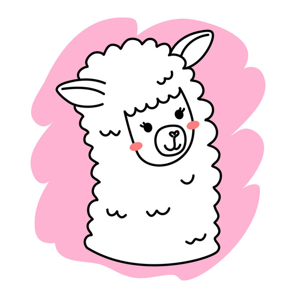 Vector illustration of head of cute happy line art llama on pink color background - Vektor, obrázek