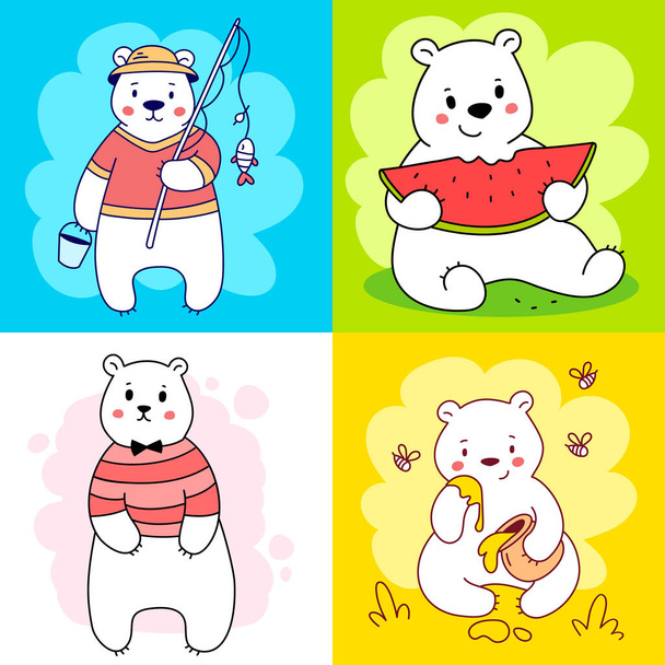 Vector set of illustration of cute happy line art bear character in different pose on color background - Vetor, Imagem