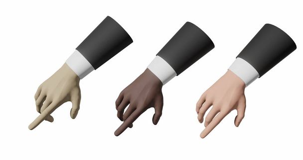 три руки чоловіка різних рас мультикультурні руки вказують пальцем бізнесмена в костюмі і білій сорочці. 3D рендеринг. ізольовані білі
 - Фото, зображення