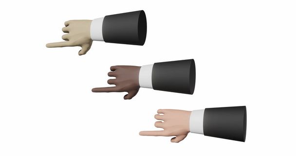 スーツと白いシャツを着たビジネスマンの指を指差す異人種多文化の手の男の3つの手。3Dレンダリング。隔離された白 - 写真・画像