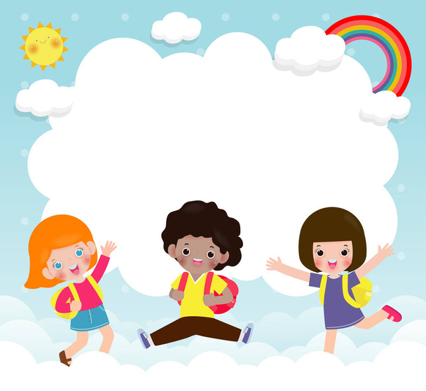 Ευτυχισμένα παιδιά άλμα στο σύννεφο και ουράνιο τόξο αφίσα φόντο με χαρούμενα παιδιά άλμα ευχετήρια κάρτα απομονωμένη διανυσματική απεικόνιση - Διάνυσμα, εικόνα