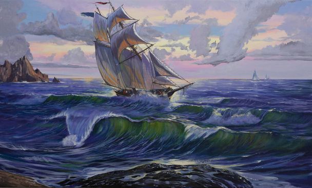 Merimaisema purjeveneet ja pilvet maalaus alkuperäinen taide öljy kankaalle käsin tehty - Valokuva, kuva