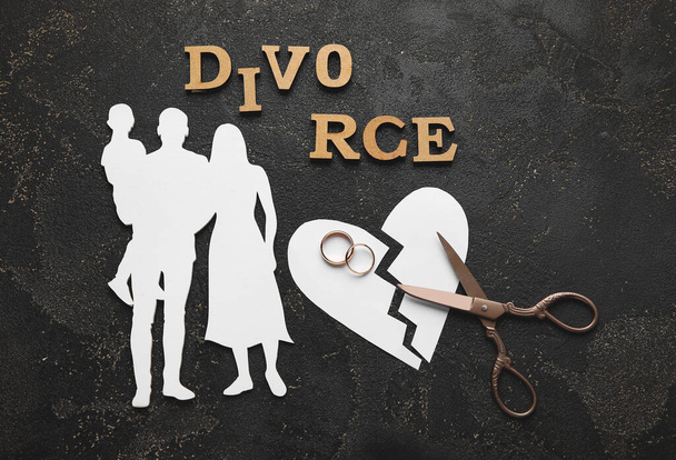 Композиція з фігурами сім'ї та слова DIVORCE на темному тлі
 - Фото, зображення