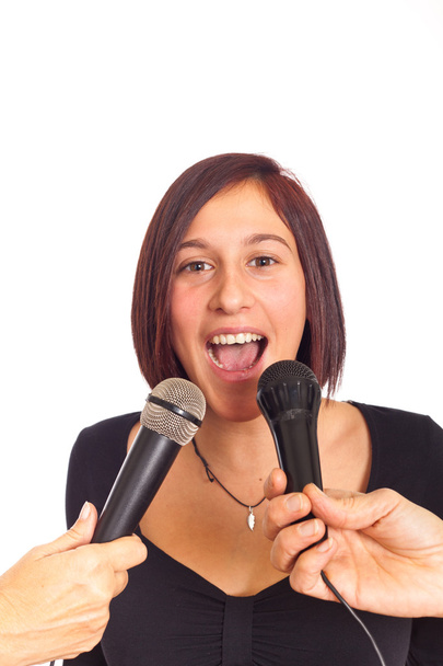 Young Woman Talking on the Microphone during Interview - Фото, изображение