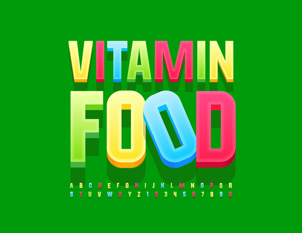 Vector bright Poster Vitamin Food. Modern colorful #D Font. Artistic Alphabet Letters and Numbers set - Vektori, kuva