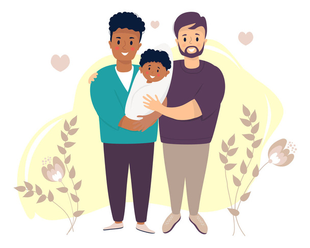 Un hombre gay está adoptando a un niño. Dos hombres felices, de piel oscura y de piel clara, sostienen al recién nacido. Vector. Familia LGBT feliz con un hijo pequeño. Día de los padres - cuidado de niños, concepto de banner, diseño de sitios web - Vector, Imagen