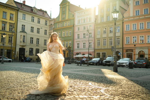 A bride in a wedding dress with long hair in the old town of Wroclaw. Wedding photo shoot in the center of an ancient city in Poland.Wroclaw, Poland. - 写真・画像