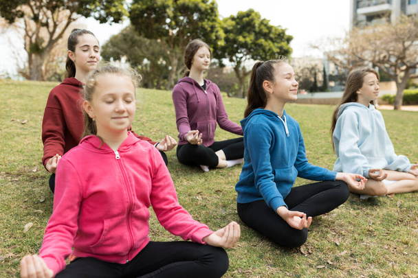 Group of girls bpracticing yoga outside - Foto, imagen