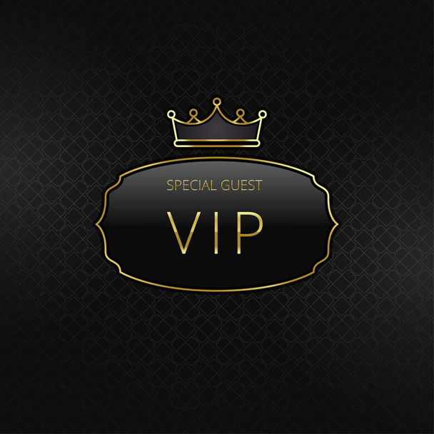VIP speciale gast premium uitnodiging kaart. Badge met gouden frame en kroon op een zwarte patroon achtergrond. Luxe premium design. Vectorillustratie - Vector, afbeelding