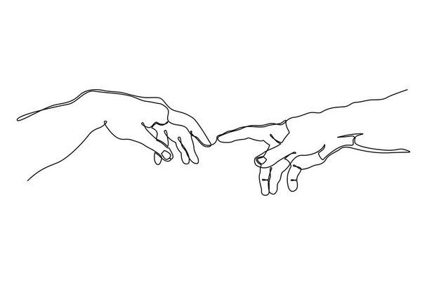 Ciągły rysunek jednej linii rąk będzie dotykać się razem. Jedna linia sztuki dotykania palców. Ilustracja wektora. - Wektor, obraz