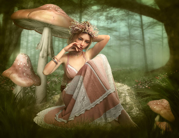 3d computer graphics of a fairy sitting in a forest surrounded by mushrooms - Photo, Image