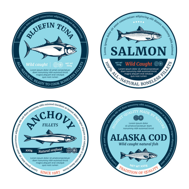 Vector fish round labels. Salmon, tuna, anchovy and cod fish illustrations - Vector, Image