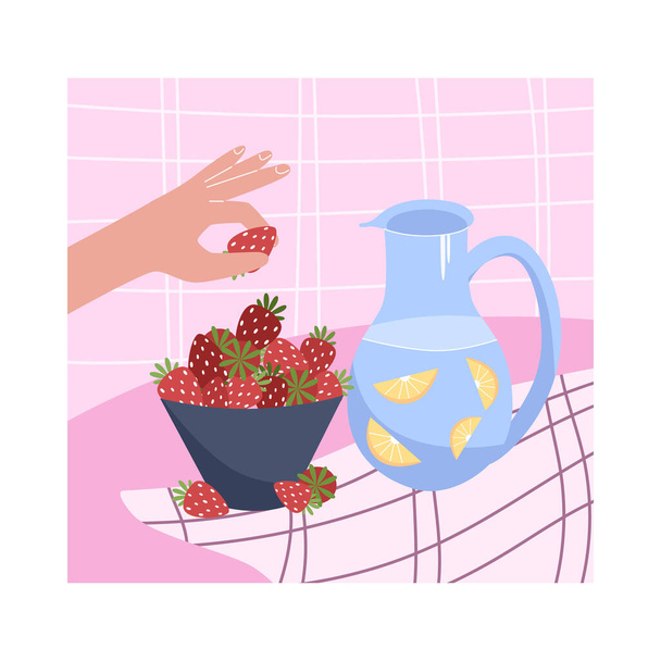 Nature morte. Une cruche d'eau et un bol de fraises. Illustration vectorielle. - Vecteur, image