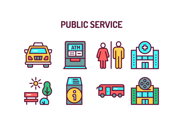公共サービスのカラーラインアイコンが設定されます。分離ベクトル要素。ウェブページ、モバイルアプリ、プロモーション用ピクトグラムの概要. - ベクター画像