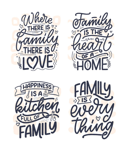 Conjunto com letras desenhadas à mão citação em estilo caligrafia moderna sobre a família. Slogan para impressão e design de cartaz. Vetor - Vetor, Imagem