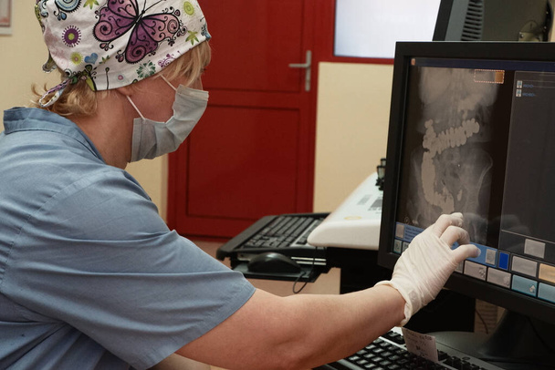 Een vrouw radioloog achter de monitor maakt een X-ray correctie. - Foto, afbeelding